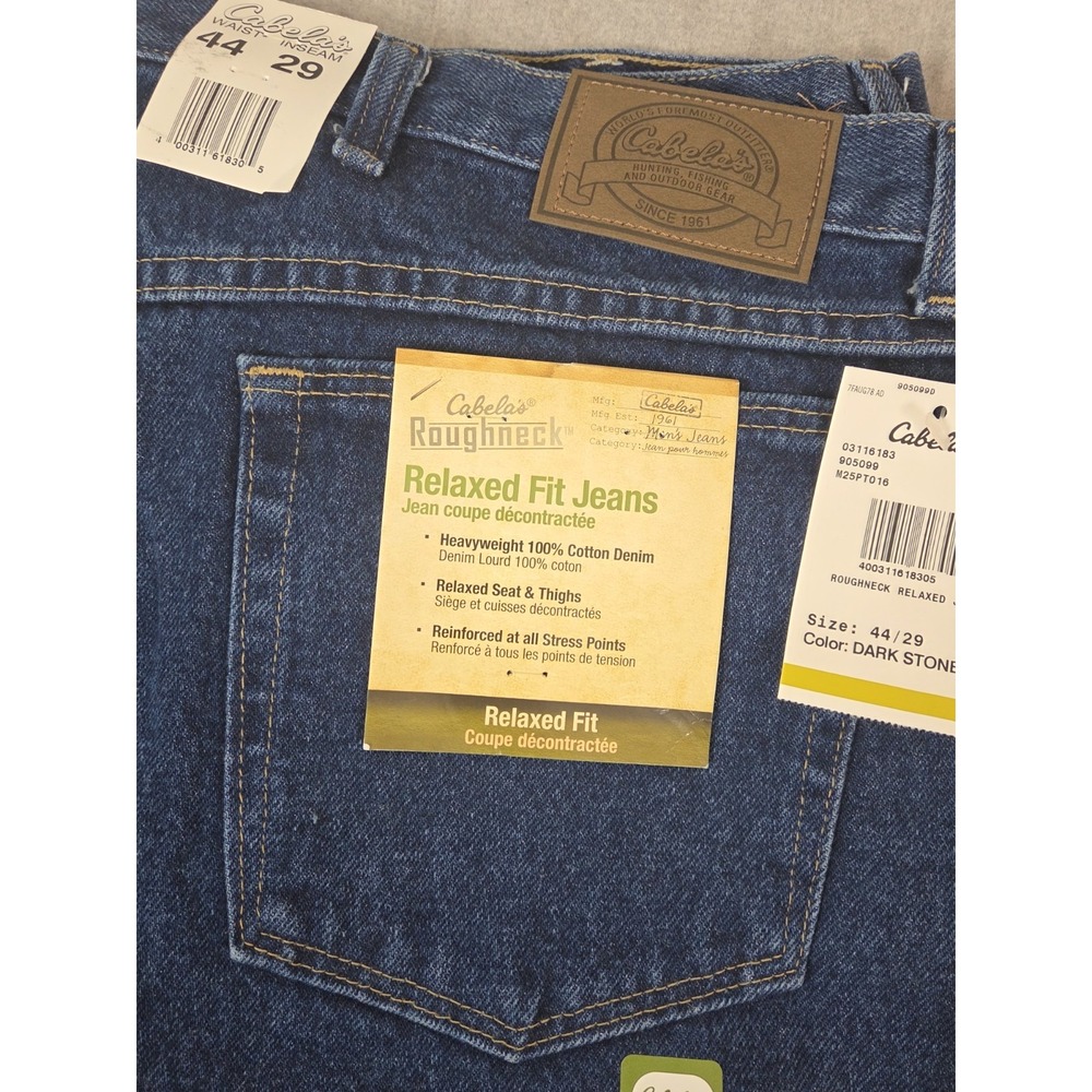 Cabela's Rough Neck Relaxed Fit Mens Jeans Size 44x29 Dark Stone Denim Work NEW
